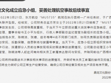 鼎龙文化：财务总监方芳搭乘了MU5735航班，将妥善安排有关员工家属抚恤工作