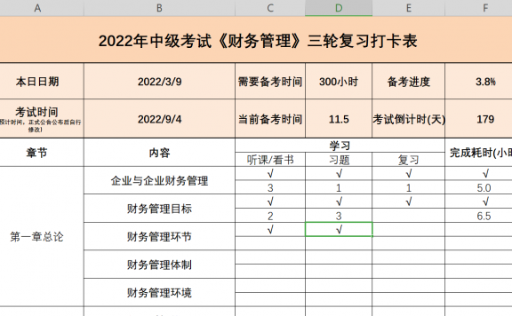 2022年中级会计(三科)复习打卡表-中级会计复习计划表